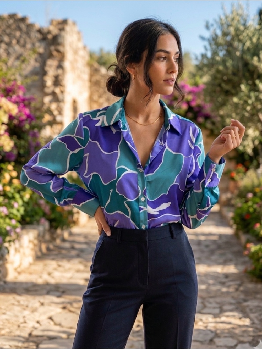 Rachel Zoe Blue Green Floral Satin Button Front Blouse Size Large L